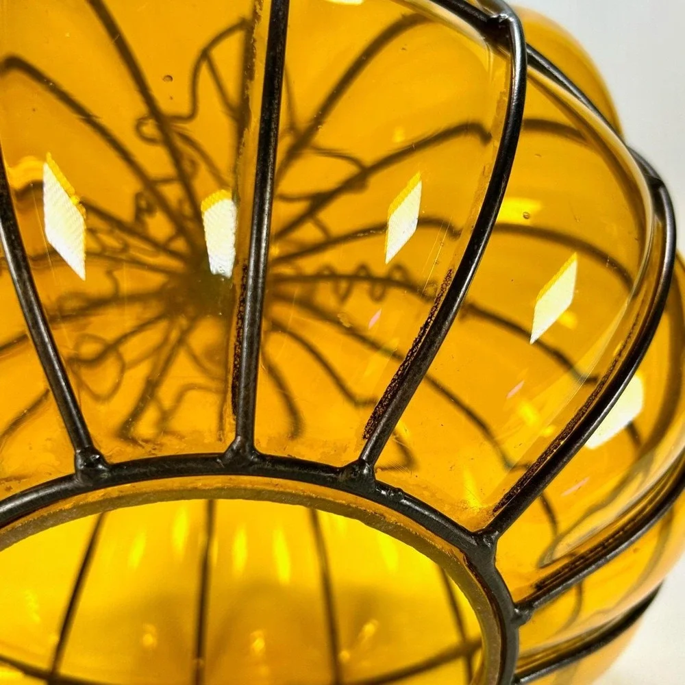 Hand-Blown Amber Glass Metal Caged Pumpkin Decor/Shade/Candle Lantern Halloween